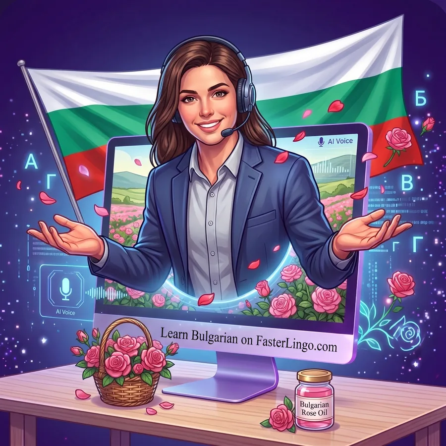 Ивана, the FasterLingo Bulgarian tutor, leaning out of a computer screen with the Bulgarian flag behind her and a basket of roses on the desk