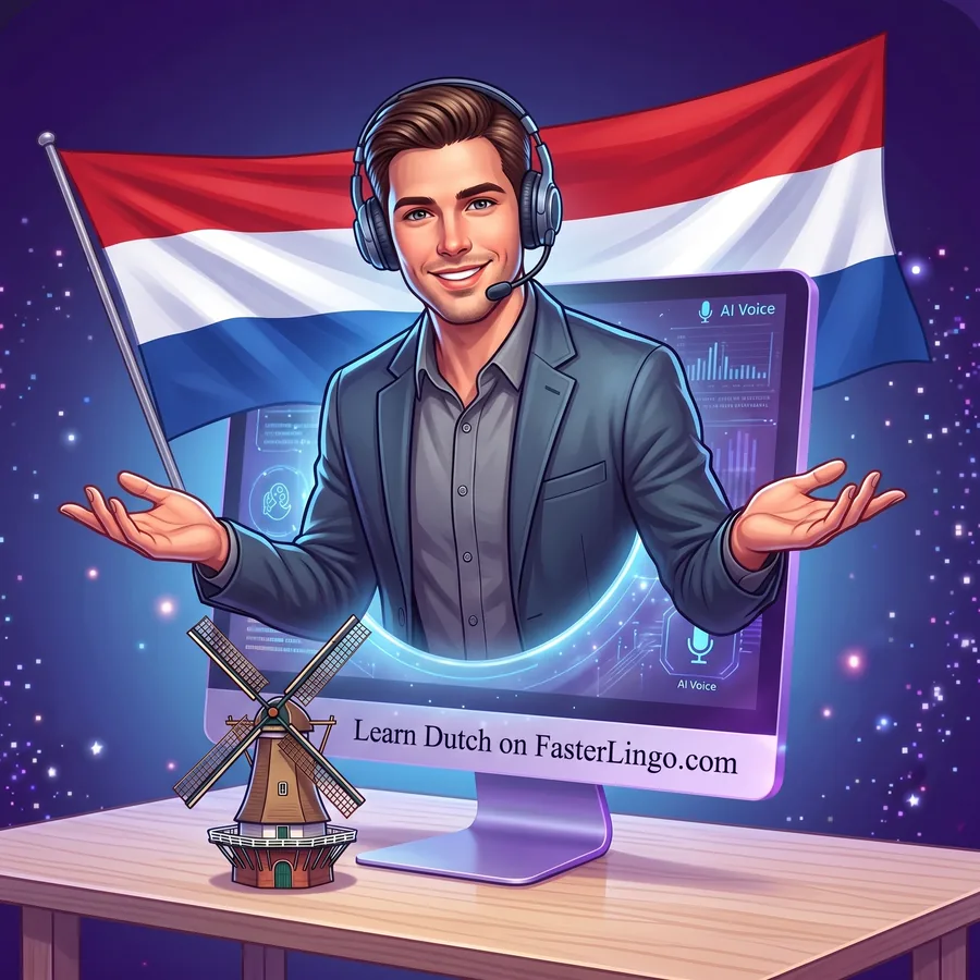 The FasterLingo Dutch tutor leaning out of a computer screen, the Dutch flag behind him and a model windmill on the desk
