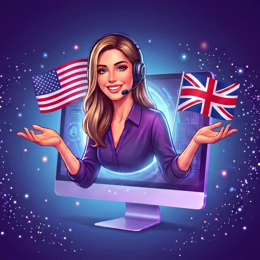 Lexi, the FasterLingo AI English tutor, leaning out of a computer screen with an American and a British flag
