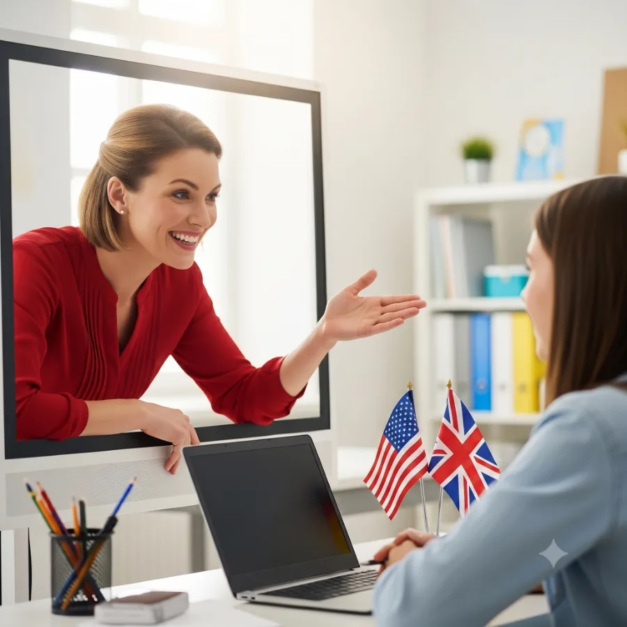 A friendly English tutor reaching out of a computer screen towards a student, with an American and a British flag on the desk